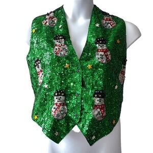 VINTAGE 90s Hand Beaded and Sequined Snowmen Ugly Christmas Vest Size Medium